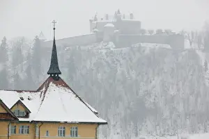 Snow Covered Prints: SWITZERLAND-Fribourg-GRUYERES: Gruyeres Castle (15th century) from Lower Town / Winter