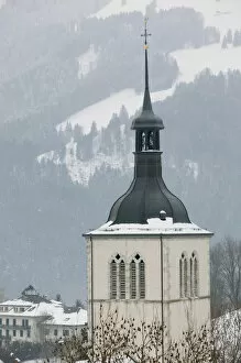 SWITZERLAND-Fribourg-GRUYERES: Upper Town Church View from Gruyeres Castle / Winter