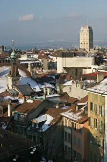 Lausanne Prints: SWITZERLAND-(Vaud)-LAUSANNE: Old Town & Tour Metropole Tower / Winter / Morning