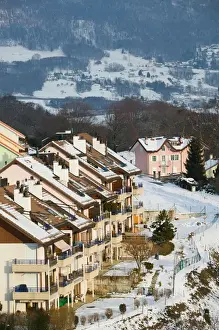 Housing Prints: SWITZERLAND-(Vaud)-Swiss Riviera-JONGNY: Hill Town above VEVEY / Winter Shore of Lake
