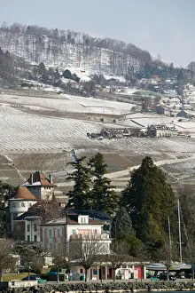 Housing Prints: SWITZERLAND-(Vaud)-Swiss Riviera-LUTRY: Hillsides above LUTRY / Winter Shore of Lake