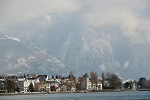 Lake Geneva Prints: SWITZERLAND-(Vaud)-Swiss Riviera-VEVEY: Hillsides above VEVEY / Winter Shore of Lake