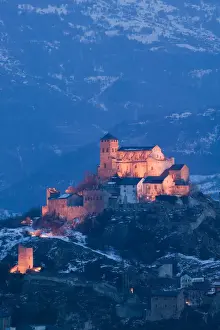 SWITZERLAND-Wallis / Valais-SION: Basilique de Valere (12th century) & Town Evening / Winter