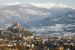 SWITZERLAND-Wallis / Valais-SION: Basilique de Valere (12th century) & Town Late Afternoon /