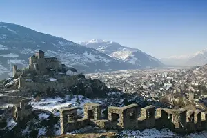 SWITZERLAND-Wallis / Valais-SION: Basilique de Valere (12th century) & Town Morning / Winter