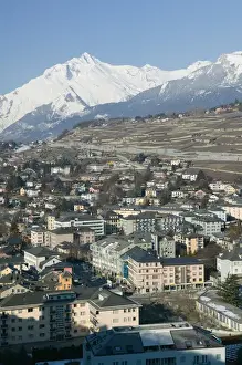 SWITZERLAND-Wallis / Valais-SION: High Vantage Point Town View Morning / Winter