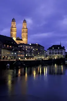 Water Way Prints: Switzerland, Zurich. Grossmunster Cathedral and Limmat River