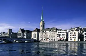 Switzerland, Zurich. View of Fraumunster Church and Limmat River
