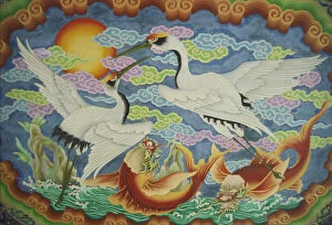 Taiwan, Peimen, Nankunshen Temple, Ceiling mural of cranes and catfish. Credit as