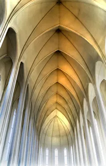 Ceiling Prints: Tall Columns Windows Ceiling Hallgrimskirkja Large Lutheran Church, Reykjavik, Iceland