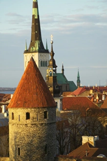 Tallinn Prints: Tallinn cityscape dominated by St. Olafs Church and city wall towers, Estonia