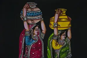 Girl Prints: Tapestry depicting Indian girls carrying jars on head, Jaipur, Rajasthan, India