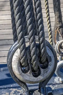 Rope Prints: Tarred Nautical rope and pulley, San Francisco, California, USA