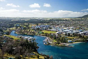 Images Dated 9th July 2006: Taupo, Lake Taupo and Waikato River, North Island, New Zealand - aerial