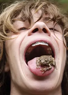 Frog Prints: Teenage Boy with Frog on Tongue - Kolab Backcountry - La Verkin Creek Trail - Kolab Canyon