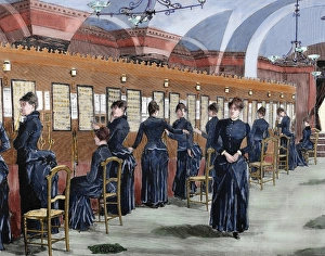 Phone Prints: Telephone service in Madrid. Central office. Colored engraving, 1886
