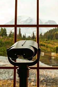 Cascade Mountain Prints: Telescope pointed through window of Mt