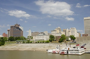 Riverfront Prints: Tennessee, Memphis. Memphis city skyline and riverboat port area from Mud Island