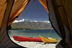 Images Dated 3rd January 2007: Tent, Kayaks and The Remarkables, Lake Wakatipu, Queenstown, South Island, New Zealand