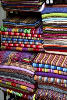 Lima Prints: Textiles being sold at a market in Lima, Peru
