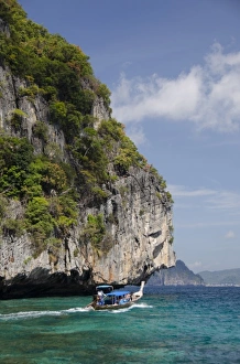 L Imestone Prints: Thailand, Andaman Sea, Phuket. Maya Bay, Phi Phi Leh (AKA Phi Phi Island) longtail