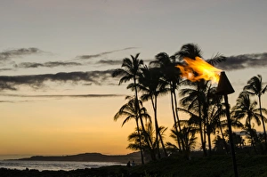 Hawaii Prints: Tiki torches at Sunset on Poipu beach Kauai, Hawaii