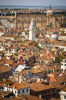 Northern Italy Prints: Tile roof tops and leaning bell tower of Santa Maria Formosa church from the Campanile San Marco