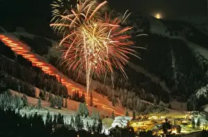 Ski Area Prints: Torchlight parade and fireworks during Winter Carnival at Big Mountain ski resort