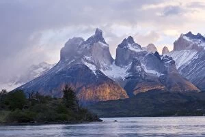 Torres Del Paine National Park, Cuernos at sunrise with reflection, Region 12, Chile