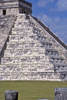 Remain Prints: Tourists climbing stairs of El Castillo, stone ruins in Chichen Itza. Central America