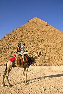 Egypt Prints: Tourists ride a camel in front of the Great Pyramids of Egypt in Cairo on the Giza