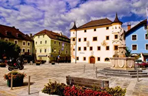 Centre Prints: Town square in Mauterndorf Austria with flowers and colorful buildings