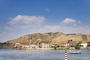 Images Dated 14th May 2004: The town Tain l Hermitage, the riverside side, the river Rhone. A sailing boat on the water