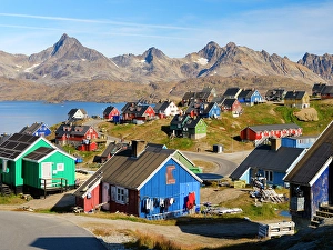 Settlement Prints: Town Tasiilaq (former Ammassalik), the biggest town in Greenland, Danish Territory, autumn