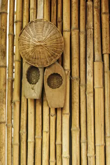 Bamboo Prints: Traditional Chinese woven hat on bamboo wall, Guilin, China
