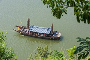 Korean Prints: Traditional dragon boat, Baengma river, Buso mountain fortress in the Busosan park Buyeu