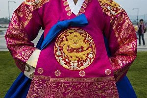 Costume Prints: Traditional dressed of a korean woman, Gyeongbokgung palace, Seoul, South Korea