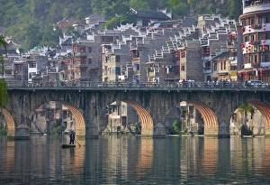 Zhenyuan Prints: Traditional houses and bridge on Wuyang River, Zhenyuan, Guizhou, China