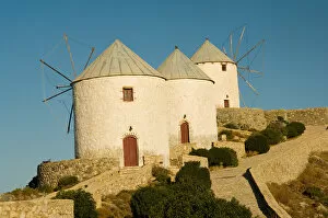 Traditional wind mills in Pandelli. Leros, Dodecanese Islands, Greece