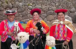 Images Dated 2028: Traditional women with colorful clothes and llamas in religious region Saqsayhuaman