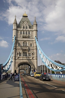 People In The Background Prints: Traffic on Tower Bridge, London, England, United Kingdom