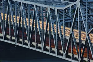 Traffic trails across bridge at dusk, Cincinnati, Ohio, from Devou Park, Covington