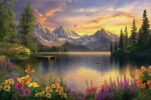 Danita Delimont AI Batch 2 High Res 133 Prints: Tranquil mountain lake in spring with flowers at sunrise or sunset. (AI Generated)