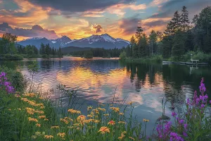Danita Delimont AI Batch 2 High Res 133 Prints: Tranquil mountain lake in spring with flowers at sunrise or sunset. (AI Generated)
