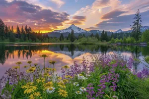 Danita Delimont AI Batch 2 High Res 133 Prints: Tranquil mountain lake in spring with flowers at sunrise or sunset. (AI Generated)