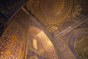 Samarkand Prints: Trompe l oeil ceiling Golden Mosque Tilla Kari Madrasa Registan, Samarkand, Uzbekistan