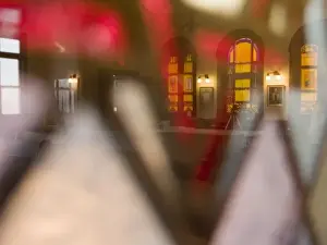 Mystical Prints: Tucson, Arizona. Reflections in stained glass windows inside Jewish synagogue (temple)