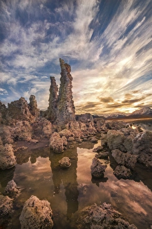Mono Lake Prints: Tufas at sunset on Mono Lake with reflection and sunset colors