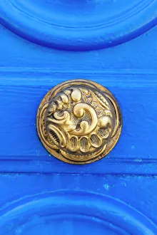 North Africa Prints: Tunis, Tunisia. Brass door knob on a blue door on a house near the Tunis Souk