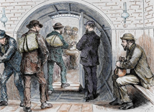 Entry Prints: Tunnel in London. Workers going to their jobs. Colored engraving in The Spanish